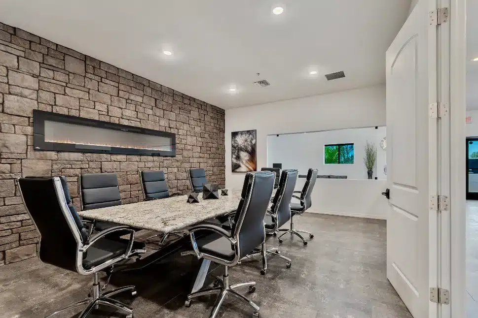 Interior of storage facility conference room.